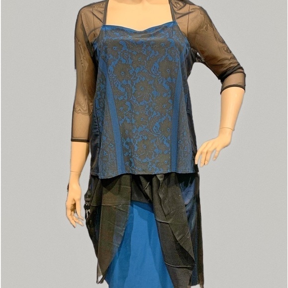 IGIGI Skirt Sheer Black Over Blue Pull-On Kick Pleats Midi Plus Size 18/20 NEW - Picture 2 of 13